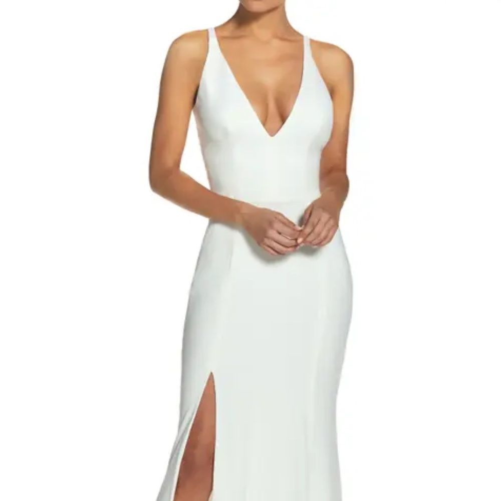 NEW DRESS THE POPULATION Iris Slit Crepe GOWN DRESS $288 OFF WHITE - Size LARGE